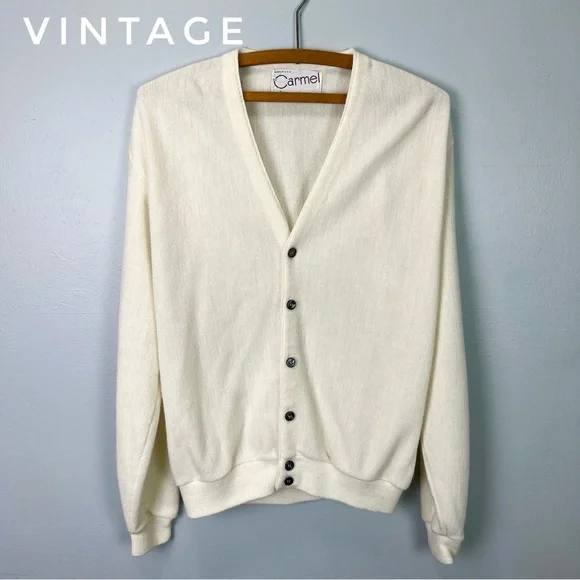 VINTAGE Button Down Cardigan Sweater - Eggshell White by CARMEL Made in USA - Picture 16 of 16